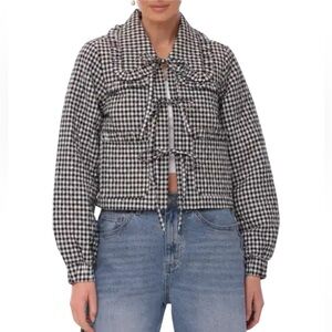 Avec Les Filles- NWT Black and White Checkered Cotton Quilted Tie Cropped Jacket